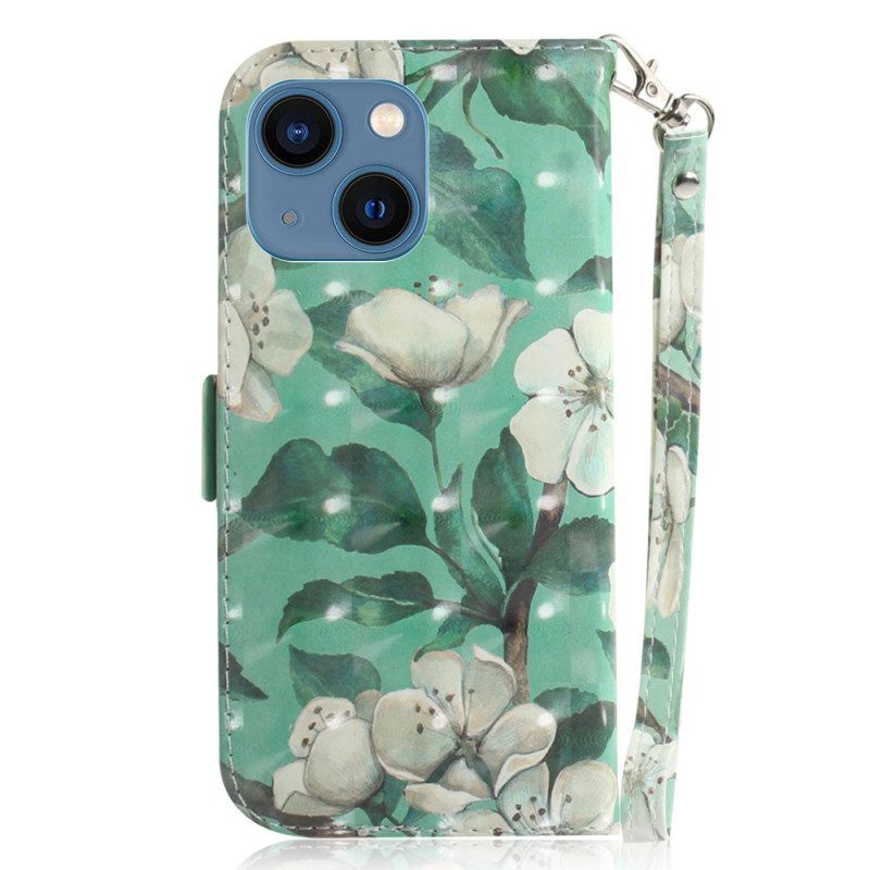 Folio-hoesje voor iPhone 15 Plus Met Ketting Witte Bloemen Met Riempje