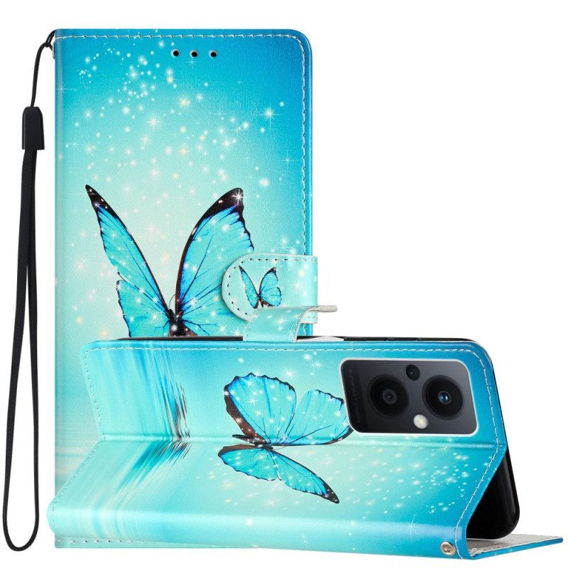 Folio-hoesje voor Oppo Reno 8 Lite Met Ketting Blauwe Vlinders Met Riem