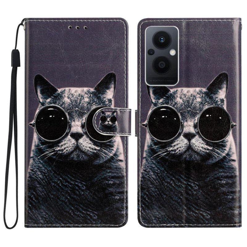 Folio-hoesje voor Oppo Reno 8 Lite Met Ketting Kat Strappy Bril