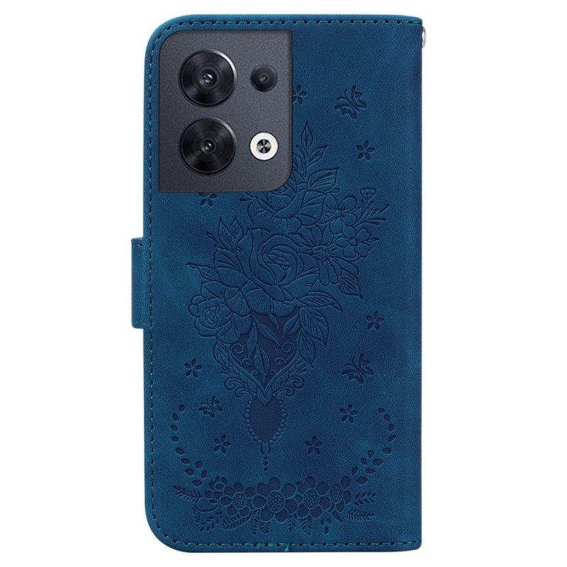 Folio-hoesje voor Oppo Reno 8 Met Ketting Strappy Rozen En Vlinders