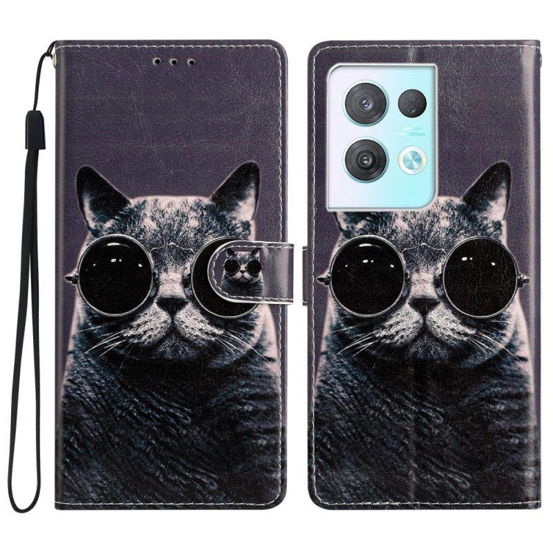 Folio-hoesje voor Oppo Reno 8 Pro Met Ketting Kat Strappy Bril