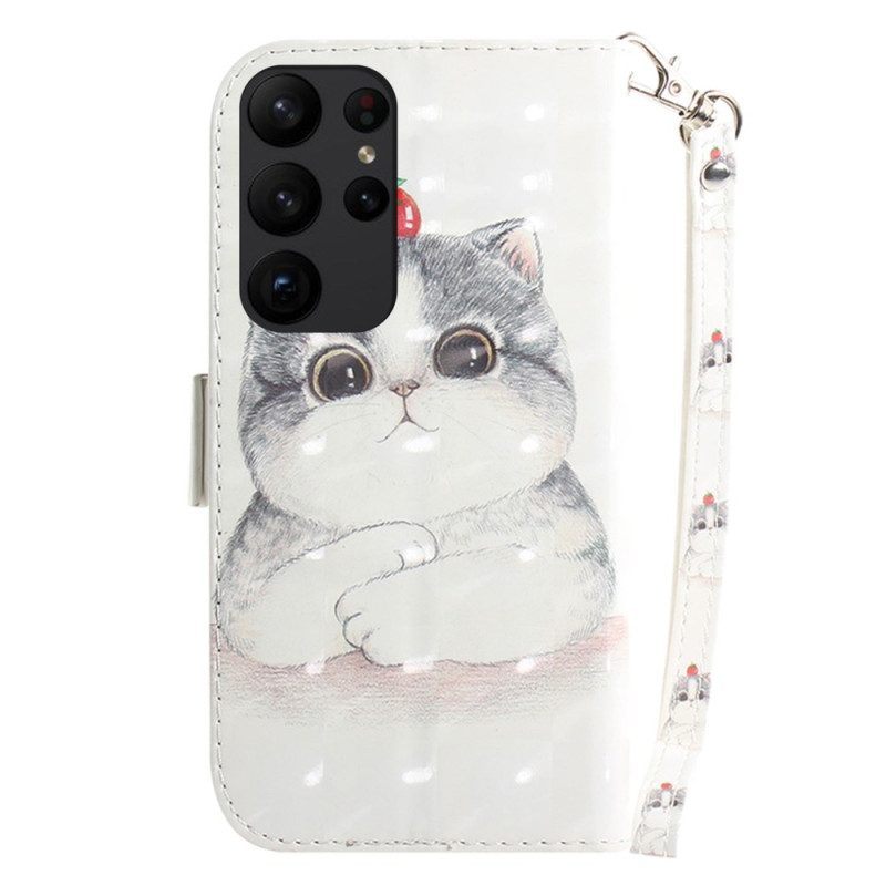 Folio-hoesje voor Samsung Galaxy S23 Ultra 5G Met Ketting Grijze Kat Met Riem