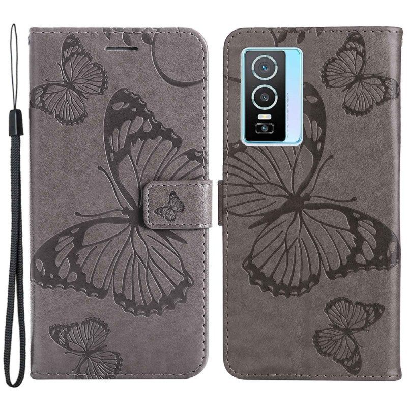 Folio-hoesje voor Vivo Y76 5G Met Ketting Gigantische Riemvlinders