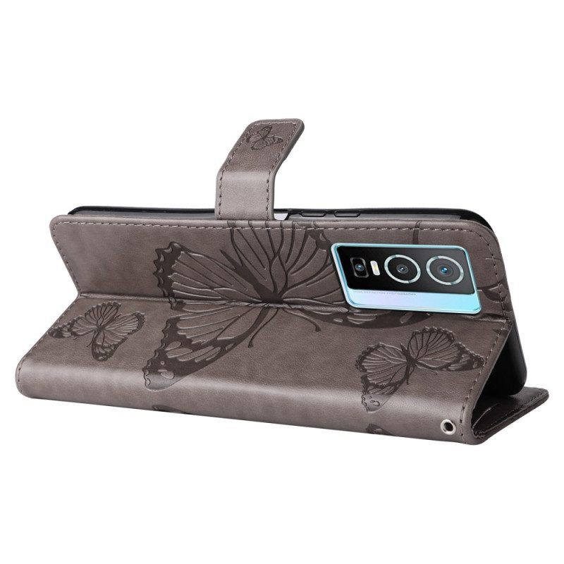 Folio-hoesje voor Vivo Y76 5G Met Ketting Gigantische Riemvlinders