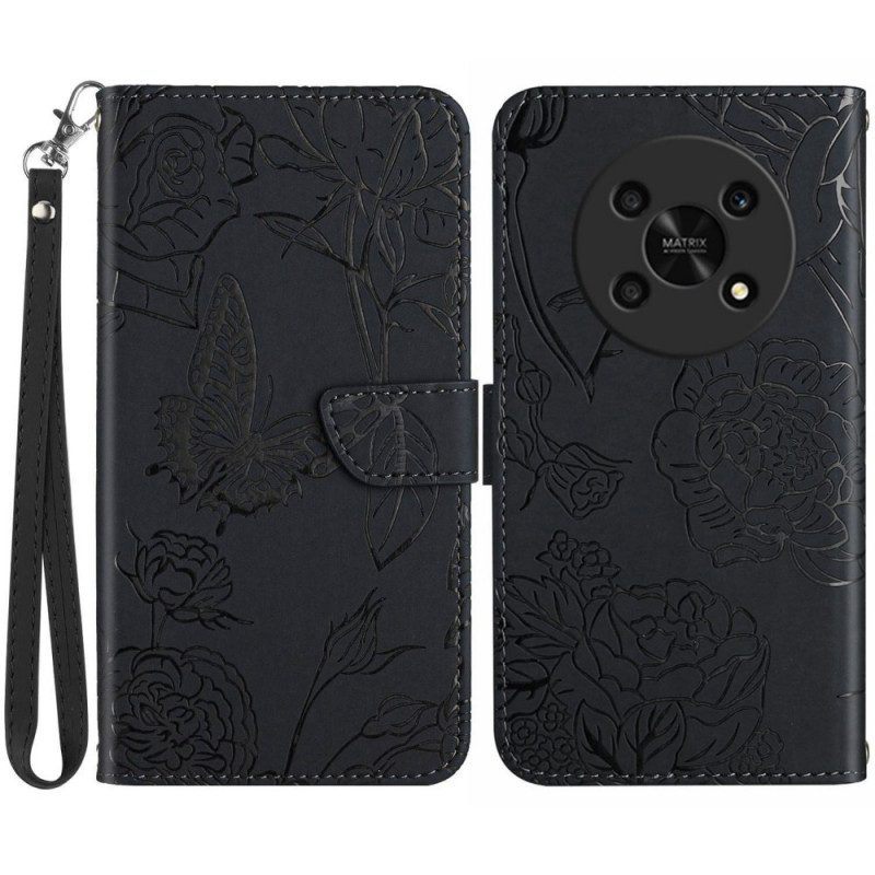 Leren Hoesje voor Honor Magic 4 Lite 5G Vlinders En Lanyard