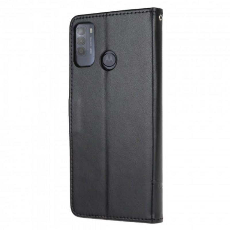 Leren Hoesje voor Moto G50 Met Ketting Vlinders En Bloemen Riem