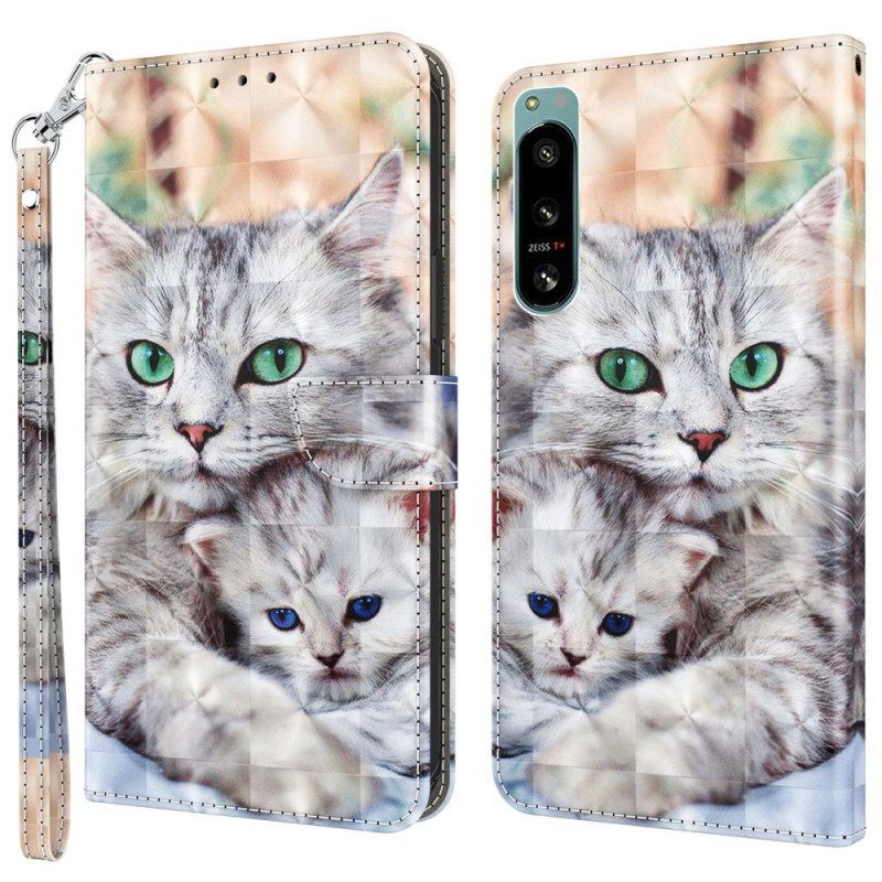 Leren Hoesje voor Sony Xperia 5 IV Met Ketting String Katten