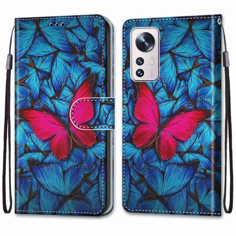 Leren Hoesje voor Xiaomi 12 / 12X Met Ketting Rode Vlinder Met Riem